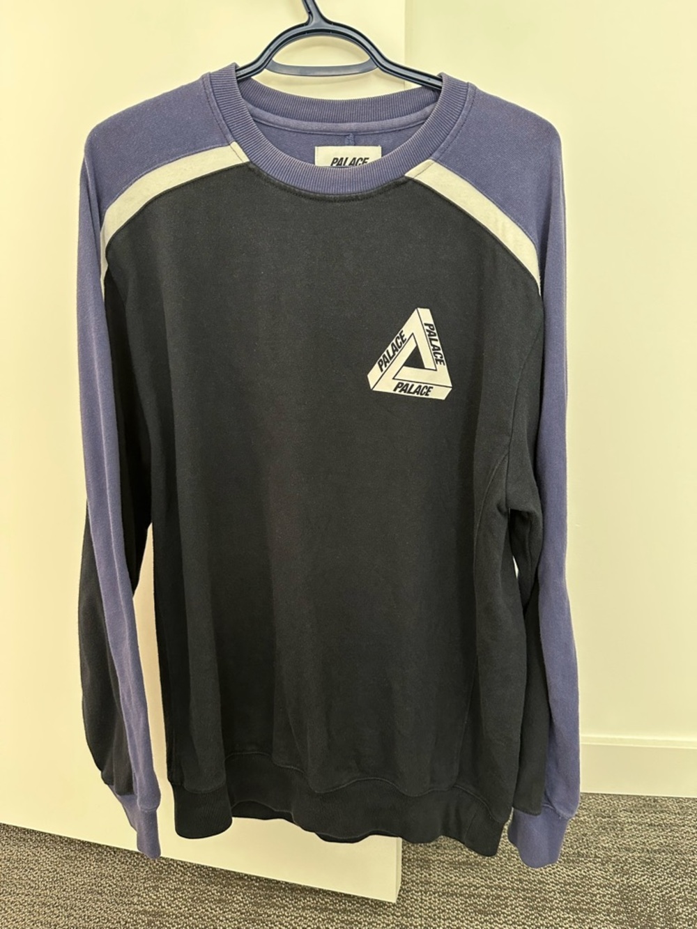 PALACE Black Crewneck Sweater with Purple Sleeves and Cream Accents